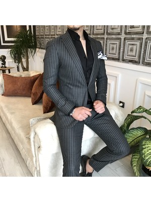 Terzi Adem İtalyan Stil Slim Fit Çizgili Erkek Ceket Pantolon Takım Elbise Koyu Gri T4898