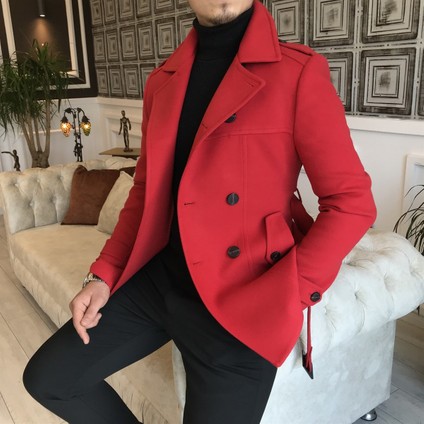 Italyan Stil Erkek Kısa Kaşe Trençkot Mont Kaban Kırmızı T4386