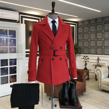 Italyan Stil Erkek Kısa Kaşe Trençkot Mont Kaban Kırmızı T4386