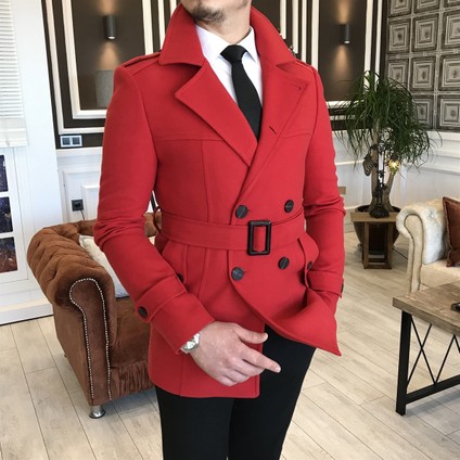 Italyan Stil Erkek Kısa Kaşe Trençkot Mont Kaban Kırmızı T4386