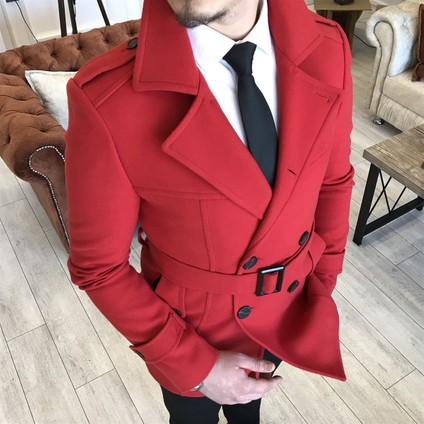 Italyan Stil Erkek Kısa Kaşe Trençkot Mont Kaban Kırmızı T4386