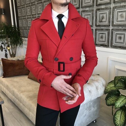 Italyan Stil Erkek Kısa Kaşe Trençkot Mont Kaban Kırmızı T4386
