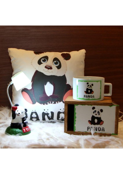 Sevimli Panda Beyaz Işıklı Masa Lambası Biblo Masum Panda Kutulu Kupa Panda Puf Yastık Set