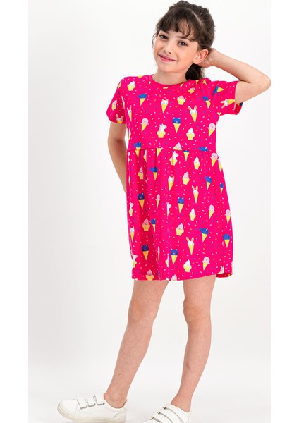 Cute Ice Cream Fuşya Kısa Kollu Kız Çocuk Homewear Elbise