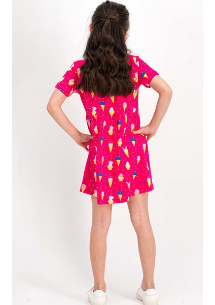 Cute Ice Cream Fuşya Kısa Kollu Kız Çocuk Homewear Elbise modelleri