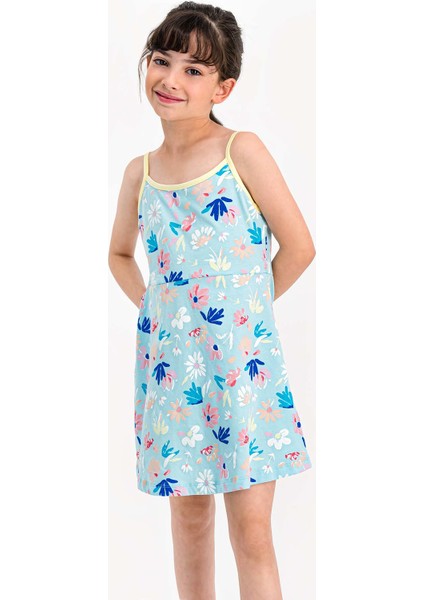 Happy Daisy Bebe Mavi Ince Askılı Kız Çocuk Homewear Elbise