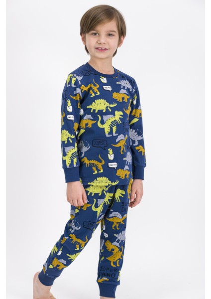Super Dino Koyu Indigo Erkek Çocuk Pijama Takımı