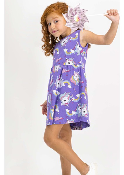 Unicorn Krem Kolsuz Kız Çocuk Homewear Elbise