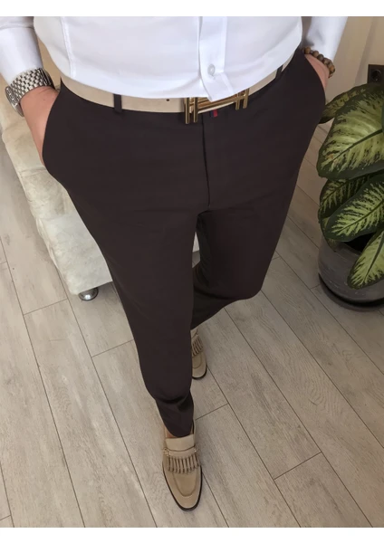 Terzi Adem Italyan Stil Slim Fit Erkek Kumaş Pantolon Kahverengi T4488