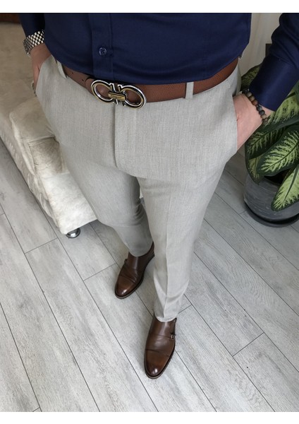 Italyan Stil Slim Fit Erkek Kumaş Pantolon Gri T4901