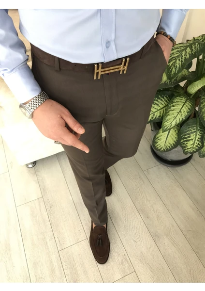 Terzi Adem Italyan Stil Slim Fit Erkek Kumaş Pantolon Kahverengi T4911