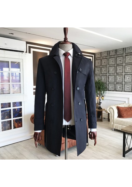 Italyan Stil Slim Fit Mevsimlik Erkek Trençkot Mont Lacivert T4979