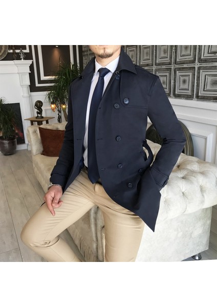 Italyan Stil Slim Fit Mevsimlik Erkek Trençkot Mont Lacivert T4979