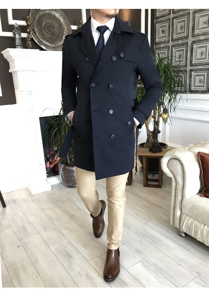 Italyan Stil Slim Fit Mevsimlik Erkek Trençkot Mont Lacivert T4979