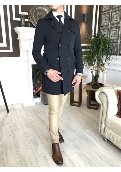 Italyan Stil Slim Fit Mevsimlik Erkek Trençkot Mont Lacivert T4979