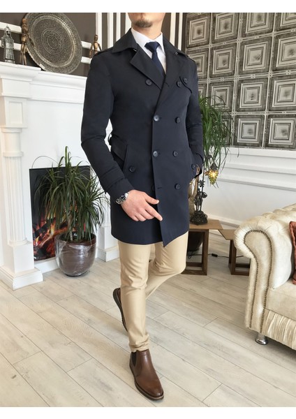 Italyan Stil Slim Fit Mevsimlik Erkek Trençkot Mont Lacivert T4979