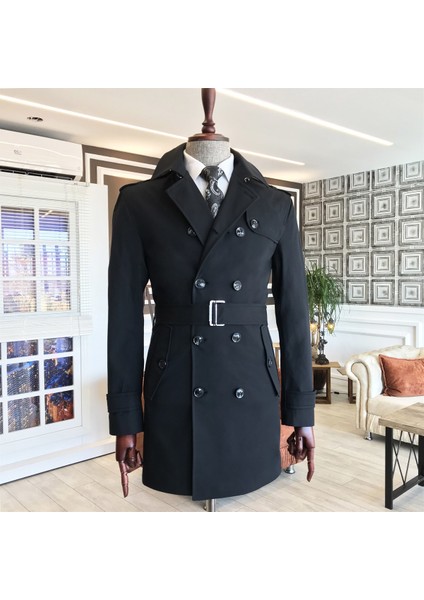Italyan Stil Slim Fit Mevsimlik Erkek Trençkot Mont Siyah T4977
