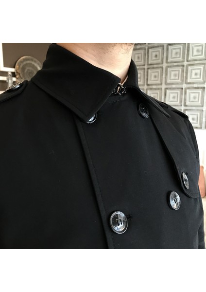 Italyan Stil Slim Fit Mevsimlik Erkek Trençkot Mont Siyah T4977