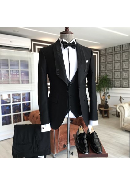 İtalyan Kesim Ceket Yelek Pantolon Damatlık Set Siyah T4913