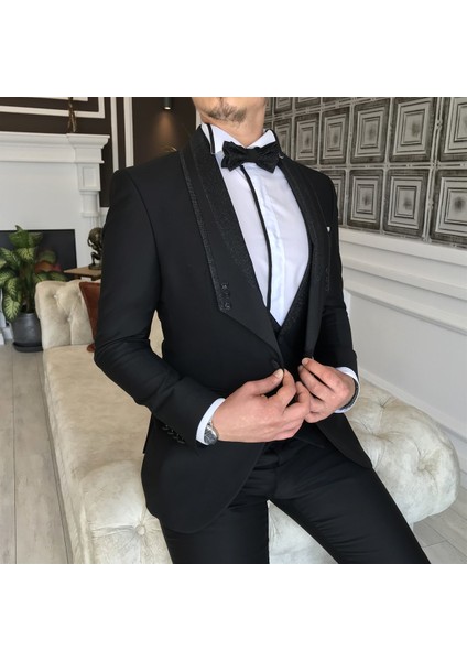 İtalyan Kesim Ceket Yelek Pantolon Damatlık Set Siyah T4913