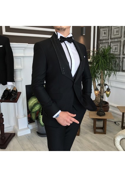 İtalyan Kesim Ceket Yelek Pantolon Damatlık Set Siyah T4913