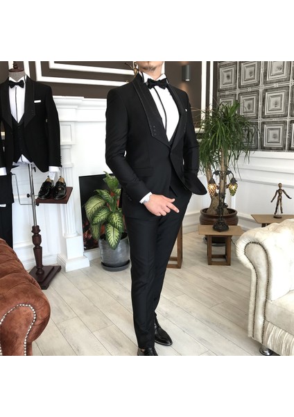 İtalyan Kesim Ceket Yelek Pantolon Damatlık Set Siyah T4913