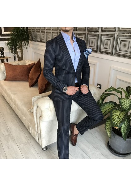 İtalyan Stil Slim Fit Çizgili Erkek Ceket Pantolon Takım Elbise Koyu Lacivert T4896