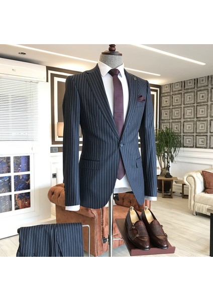 İtalyan Stil Slim Fit Çizgili Erkek Ceket Pantolon Takım Elbise Koyu Lacivert T4896