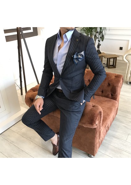 İtalyan Stil Slim Fit Çizgili Erkek Ceket Pantolon Takım Elbise Koyu Lacivert T4896