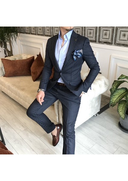 İtalyan Stil Slim Fit Çizgili Erkek Ceket Pantolon Takım Elbise Koyu Lacivert T4896
