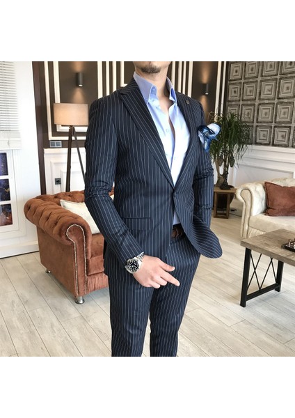 İtalyan Stil Slim Fit Çizgili Erkek Ceket Pantolon Takım Elbise Koyu Lacivert T4896