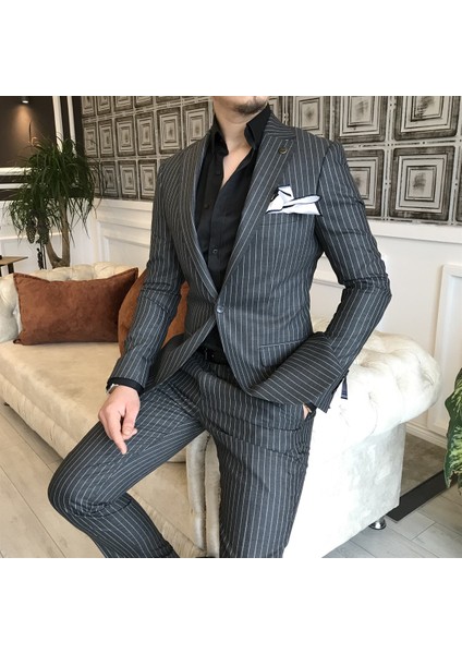 Terzi Adem İtalyan Stil Slim Fit Çizgili Erkek Ceket Pantolon Takım Elbise Koyu Gri T4898