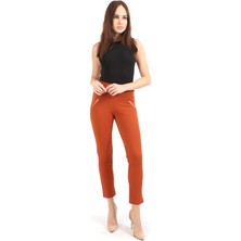 Sense Süs Metal Fermuar Cepli Twin Krep Pantolon | PNT32348 Kıremıt