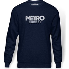 Tshirthane Metro Exodus Logo Baskılı İndigo Mavi Lacivert Erkek Örme Sweatshirt Uzun kol