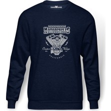 Tshirthane American Motor Estd 1964 Baskılı İndigo Mavi Lacivert Erkek Örme Sweatshirt Uzun kol