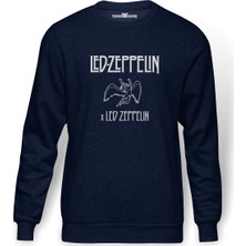 Tshirthane Led Zeppelin Angel Black Baskılı İndigo Mavi Lacivert Erkek Örme Sweatshirt Uzun kol