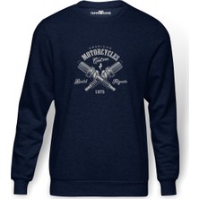Tshirthane Motor Buji California Baskılı İndigo Mavi Lacivert Erkek Örme Sweatshirt Uzun kol