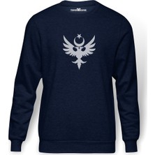 Tshirthane Göktürk Türk Selçuklu Kartalı Baskılı İndigo Mavi Lacivert Erkek Örme Sweatshirt Uzun kol