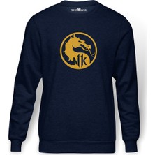 Tshirthane Mortal Kombat Baskılı İndigo Mavi Lacivert Erkek Örme Sweatshirt Uzun kol