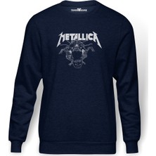 Tshirthane Metallica Kurukafa Baskılı İndigo Mavi Lacivert Erkek Örme Sweatshirt Uzun kol