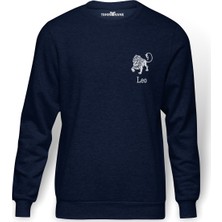 Tshirthane Aslan Burcu Baskılı İndigo Mavi Lacivert Erkek Örme Sweatshirt Uzun kol