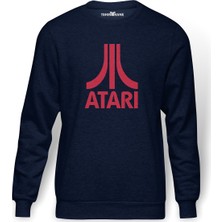 Tshirthane Atari Logo Baskılı İndigo Mavi Lacivert Erkek Örme Sweatshirt Uzun kol