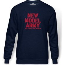 Tshirthane Model Army We Love The World Baskılı İndigo Mavi Lacivert Erkek Örme Sweatshirt Uzun kol