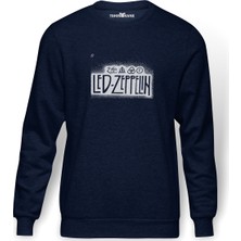 Tshirthane Led Zeppelin Baskılı İndigo Mavi Lacivert Erkek Örme Sweatshirt Uzun kol