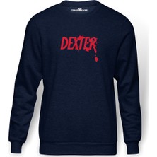 Tshirthane DEXTER RED LOGO Baskılı İndigo Mavi Lacivert Erkek Örme Sweatshirt Uzun kol