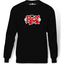 Tshirthane Riot Logo Baskılı Siyah Erkek Örme Sweatshirt Uzun kol