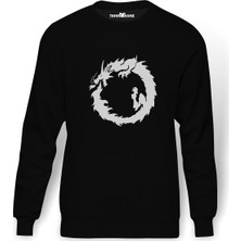 Tshirthane Silhouette Dragon Bearded Baskılı Siyah Erkek Örme Sweatshirt Uzun kol