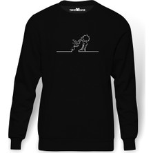 Tshirthane La Linea Trt Cizgi Adam Kadin Baskılı Siyah Erkek Örme Sweatshirt Uzun kol