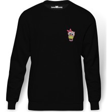 Tshirthane Baykuş Sevimli Baykuş Yeşil Ve Beyaz Gömlekli Göğüs Baskılı Siyah Erkek Örme Sweatshirt Uzun kol