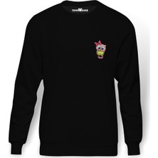 Tshirthane Baykuş Kız Pembe Göğüs Baskılı Siyah Erkek Örme Sweatshirt Uzun kol